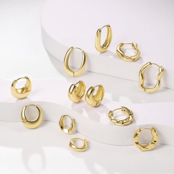 6 Pairs Gold Hoop Earrings Set for Women, 14K Gold Plated Huggie Chunky Earring - Picture 2 of 9